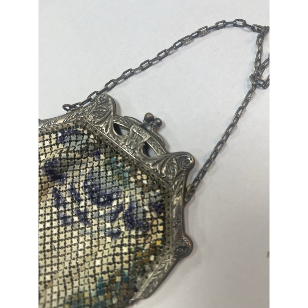 Antique Mandalian Mfg Co 1920s Flapper Mesh Purse Enamel Floral w Note